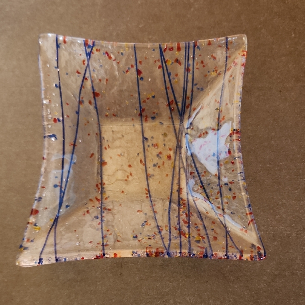 Artistic Glass Dish with Blue and Red Accents